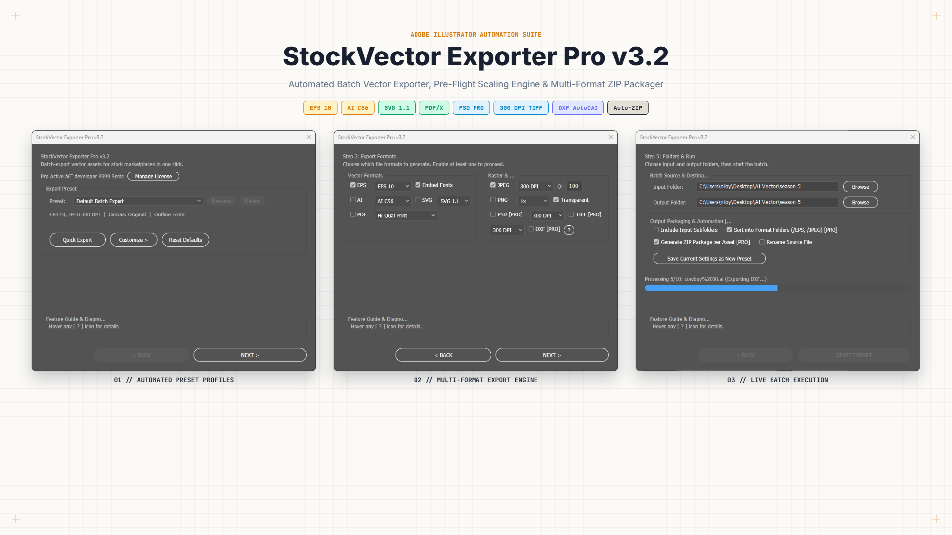 Adobe Illustrator Batch Vector Exporter Pro v3.2 Main Automation Interface and ScriptUI Panel